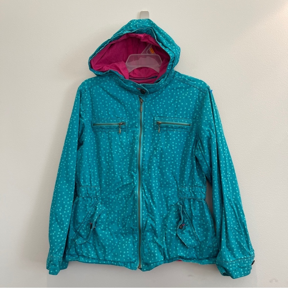 Catimini Jacket Kids size 12 Teal Polka Dot Spring Jacket Pink Hood full zipper